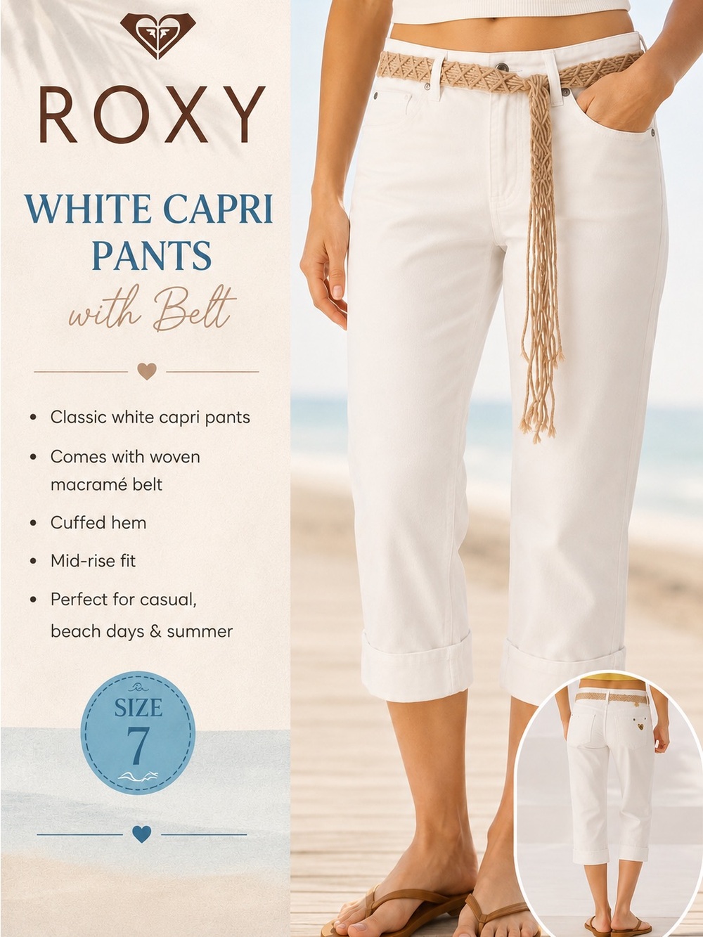 Roxy White Capri Pants with Woven Tan Belt